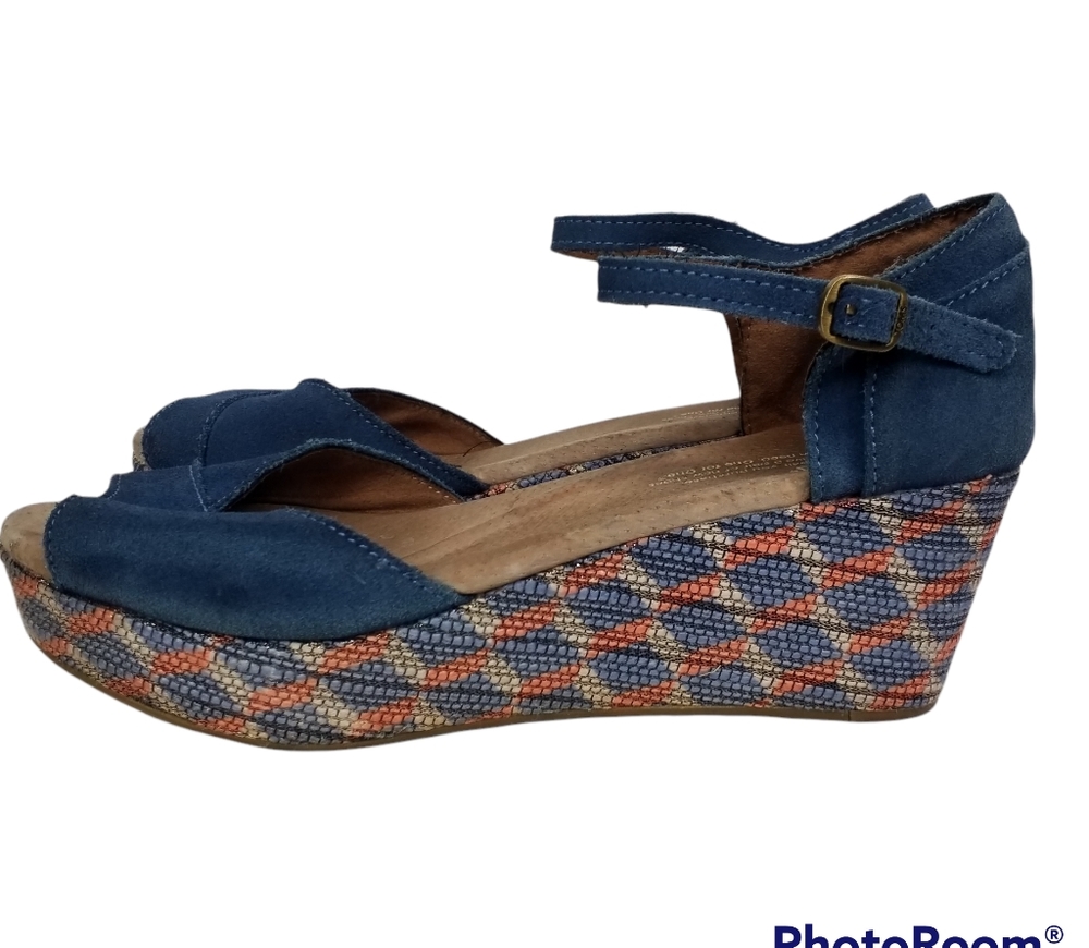 TOMS Women's Wedge Platform Sandals Ankle Strap Blue Suede